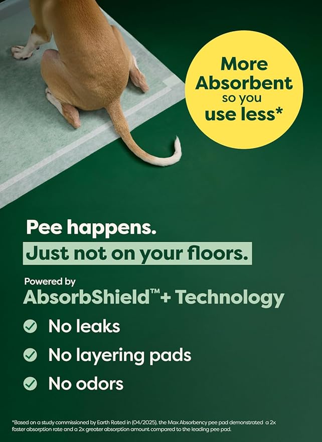 Earth Rated Max Absorbency Puppy Pee Pads for Dogs Absorbs 2X Faster & 2X More, Leak-Proof Odor-Free Potty Training Wee Wee Pad, Unscented, Large, 22” x 23”, 75 Count-PawvioPets
