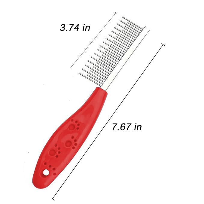 Dog or Cat Comb Grooming with Short and Long Teeth Dematting Knots Tangles Remover Combs Detangler Tool Suitable for Dogs Cats Poodle HorseStainless Steel Pin (Red)-PawvioPets