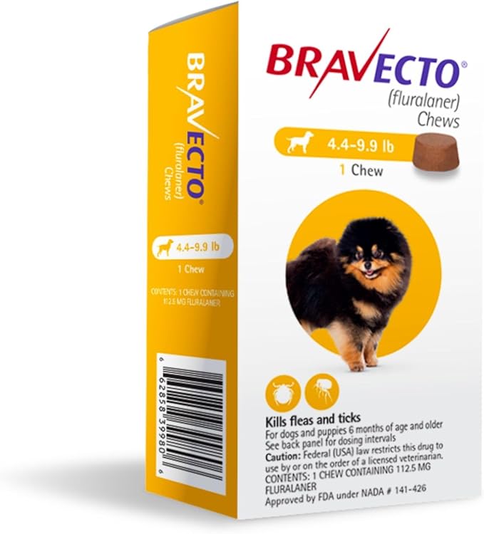 BRAVECTO Chew for Dogs, Flea & Tick, 1 Chew, 12 Week Supply, 4.4-9.9 lbs., Yellow Box-PawvioPets