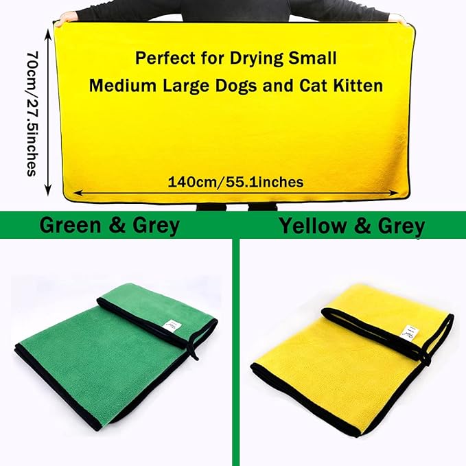 Dog Towel - 2 Pack Large Dog Bath Towel Super Absorbent Microfiber Beach Towels for Quick Drying Small Medium Large Dogs and Cats, Machine Washable,55.1x27.5 inch,Yellow Green-PawvioPets