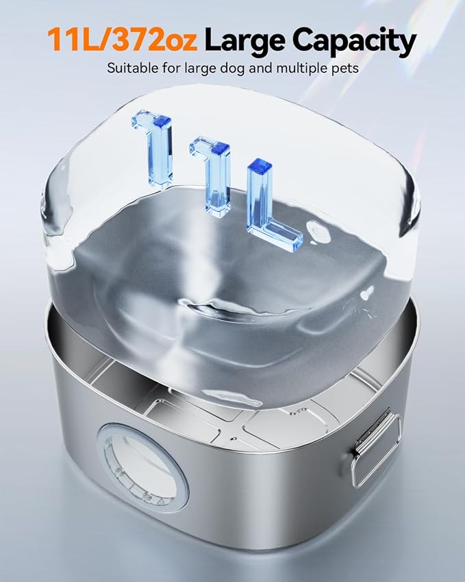 Dog Water Fountain Stainless Steel, 11L/2.8Gal Large Pet Water Fountain for Large Dogs Inside, Dog Fountain Water Bowl Automatic Dispenser with Visible Window & LED, Ultra Quiet (with 8pcs Filters)-PawvioPets