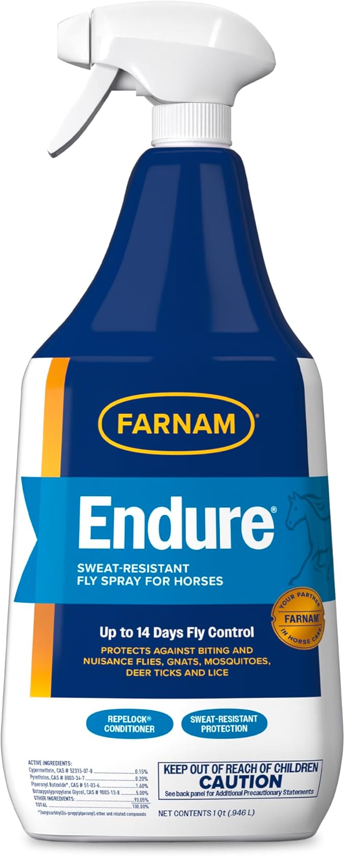 Farnam Endure Sweat-Resistant Fly Spray for Horses, Lasts Up to 14 Days, Protects Against Flies, Gnats, Mosquitoes, Ticks & Lice, 32 oz.-PawvioPets