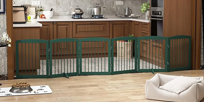 Freestanding Pet Gate for Dogs, Foldable Wooden Dog Gate for House, Extra Wide Indoor Pet Barrier for Stair, Doorway, Hall, Support Feet Included, 120 Inch Wide, 6 Panels 24",Green-PawvioPets