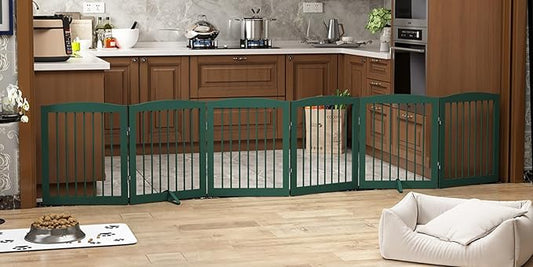 Freestanding Pet Gate for Dogs, Foldable Wooden Dog Gate for House, Extra Wide Indoor Pet Barrier for Stair, Doorway, Hall, Support Feet Included, 120 Inch Wide, 6 Panels 24",Green-PawvioPets
