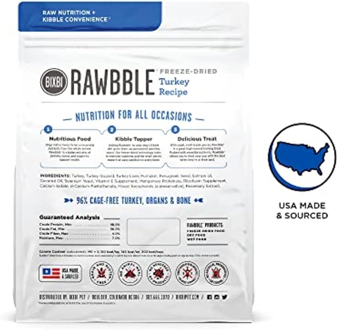 BIXBI Rawbble Freeze Dried Dog Food, Turkey Recipe, 26 oz - 96% Meat and Organs, No Fillers - Pantry-Friendly Raw Dog Food for Meal, Treat or Food Topper - USA Made in Small Batches-PawvioPets