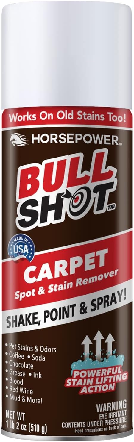 Bull Shot Carpet Spot & Stain Remover by Horsepower, AS-SEEN-ON-TV, Made In USA, Just Point & Spray, Stain-Lifting Foam-Action, Pet Stains & Odors, Coffee, Soda, Wine, Grease, New & Old Stains & More-PawvioPets