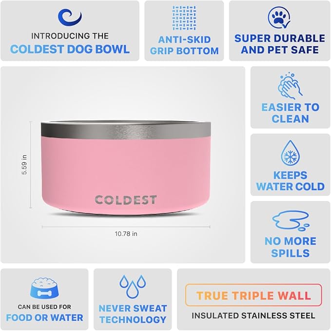 Coldest Dog Bowl - Anti Rust Metal, Non Slip, 3 Layers Insulated Stainless Steel Dog Bowls - Spill Proof & Heavy Duty - Water Bowl for Dogs, Cats & Pets, Dish Washer Safe (200 oz, Cotton Candy Pink)-PawvioPets
