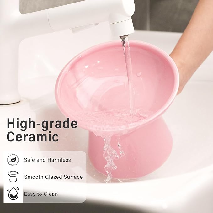 Extra Wide Elevated Ceramic Cat Bowl, 6.2" Shallow Dish for Whisker Fatigue Relief, 5" Height for Easy Feeding, Durable Raised Cat Food Bowls, Pack of 2, Pink-PawvioPets