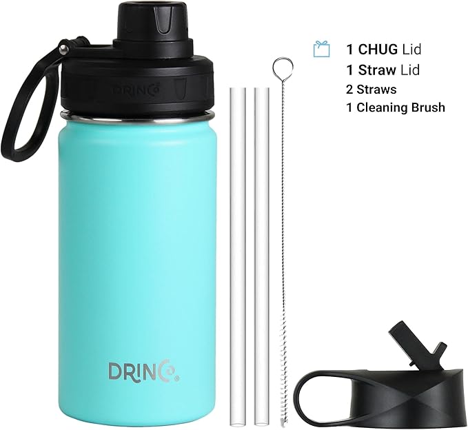 DRINCO Stainless Steel Water Bottle Spout Lid Vacuum Insulated Double Wall Water Bottle Wide Mouth (40oz 32oz 22oz 18oz 14oz) Leak Proof Keeps Cold or Hot (14 oz, 14oz Teal)-PawvioPets