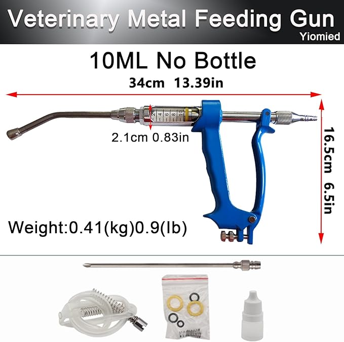 10ML Veterinary Metal Feeding Gun, Continuous Drench Gun Dosing Device Veterinary Adjustable Medicine Dispenser Husbandry Autonomous Feeding Tool, for Pig Cow, Sheep, Horse (Blue, 10ML No Bottle)-PawvioPets