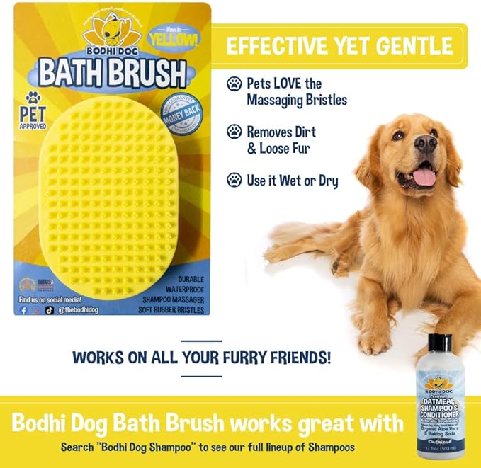 Bodhi Dog Shampoo Brush - Pet Grooming & Bath Supplies for Dogs and Cats - Bath Brush for Long & Short Hair - Premium Scrubber for Shower, Bathing & Massage (One Pack, Yellow)-PawvioPets