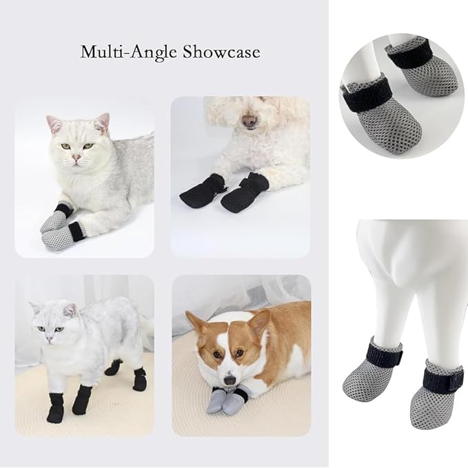8 Pack Cat Mittens to Prevent Scratching, Adjustable Breathable Mesh Cat Booties & Claw Covers - Anti Scratch Gloves for Bathing, Nail Trimming - 4 Black & 4 Grey, Paw Inner Diameter up to 1.57 Inches-PawvioPets