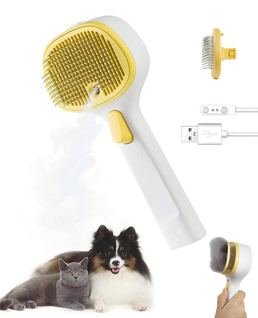 FURGO 3-in-1 Pet Steam Brush for Dogs & Cats – Reduces Static, Long-Pin Head for Long Hair, One-Click Release Button, Dog Spray Brush for Shedding Control (Long)-PawvioPets