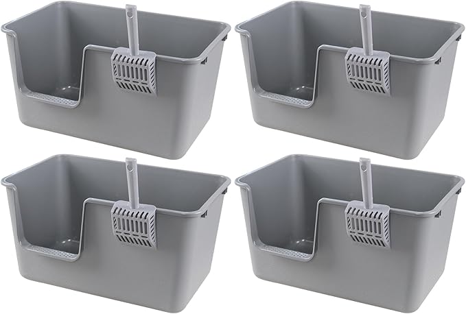 4 Packs Large Cat Litter Box with High Sides, Grey Open Top Cat Litter Basin-PawvioPets
