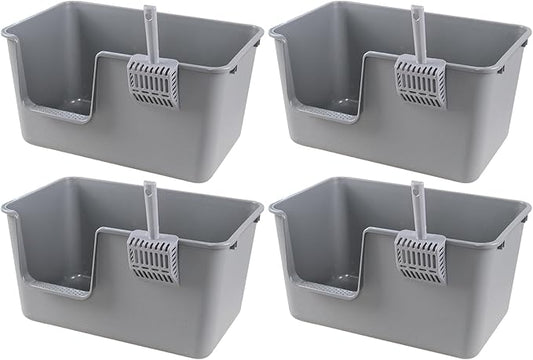 4 Packs Large Cat Litter Box with High Sides, Grey Open Top Cat Litter Basin-PawvioPets
