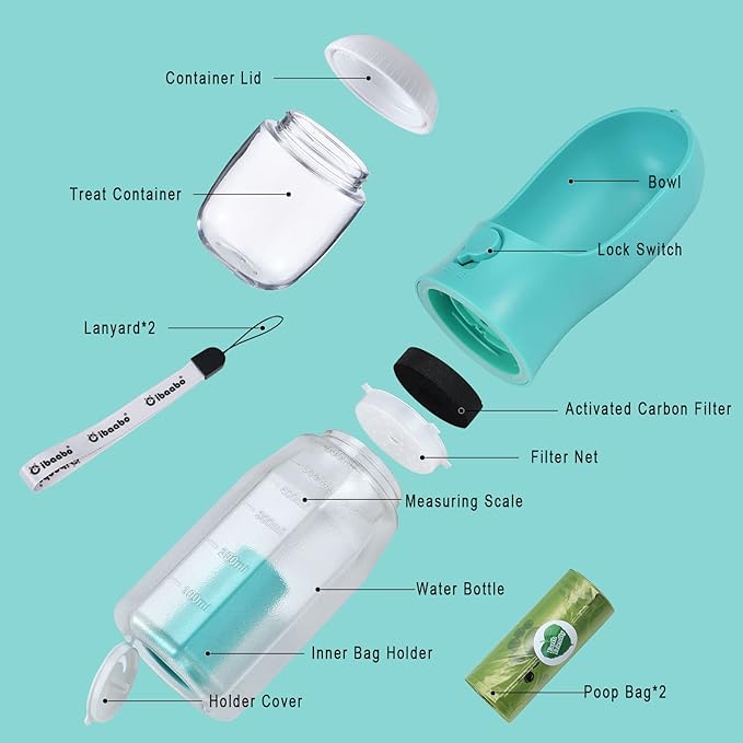 Dog Water Bottle with Food Container & Poop Bag Holder, Travel Water Bowl, Portable Pet Dispenser, Dog Stuff Accessories Items, Puppy Essentials Necessities for Yorkie Chihuahua Walking Hiking-PawvioPets