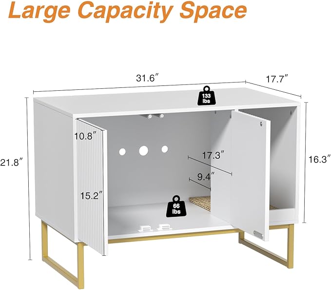 Cat Litter Box Enclosure, Fluted Hidden Litter Box Furniture with Scratch Pad and Metal Legs, Modern Enclosed Cat Cabinet, 31.5 x 17.7 x 21.7 Inches Indoor Pet House for Living Room, Washroom, White-PawvioPets
