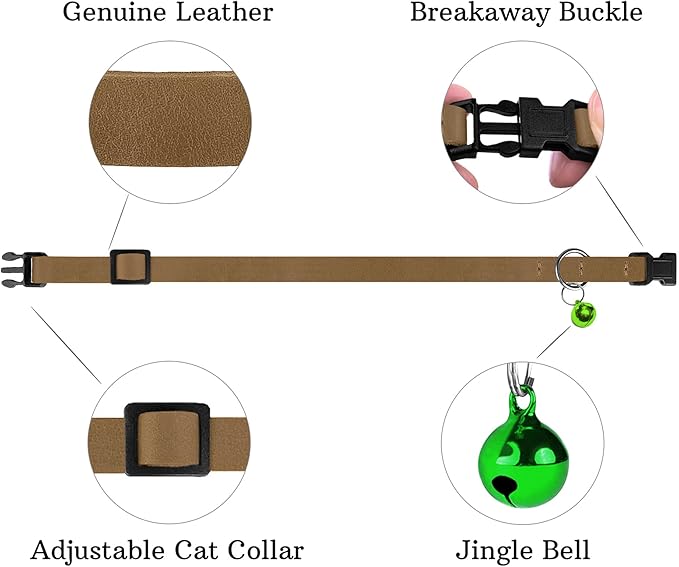 Breakaway Cat Collar Leather with Removable Bell - 13 Colors Available - Soft Adjustable Girl Boy Safety Lightweight Pet Kitten Collars Pink Brown Blue Green Red Orange Black (Brown)-PawvioPets