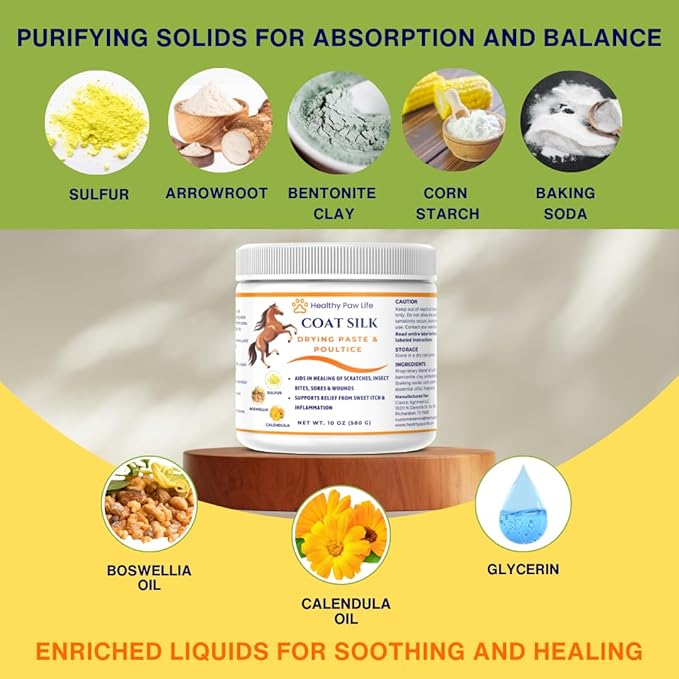 Coat Silk Drying Paste & Poultice for Horses – Natural Relief for Wounds, Scratches, Sores & Sweet Itch – Enriched with Sulfur, Boswellia & Calendula – 10 oz-PawvioPets
