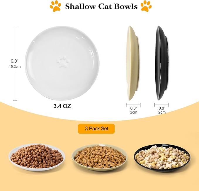 3PCS Cat Food Bowl,Ceramic Cat Dish for Indoor Cats,Wide Shallow Cat Bowls for Dry and Wet Food,Anti Whisker Fatigue Cat Plates for Kitten Cats or Dogs-PawvioPets