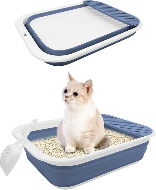 BNOSDM Collapsible Small Cat Litter Box for Kittens Open Potty Pan Foldable Cat Toilet with Scoop Senior Kitty Travel Shallow Litters Boxes Anti-Splash Waterproof Blue 17.7"×13.4"-PawvioPets