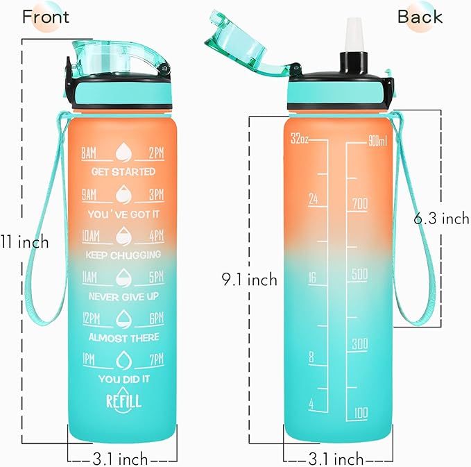 Enerbone Water Bottle, Leakproof BPA & Toxic Free, Motivational Water Bottle with Times to Drink and Straw, Fitness Sports Water Bottle with Strap for Office, Gym, Outdoor Sports-PawvioPets