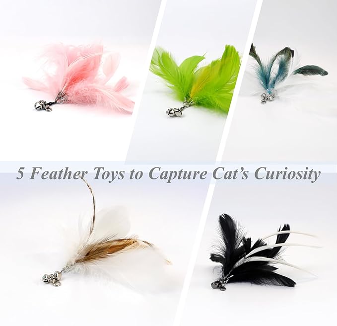12PCS Interactive Cat Feather Wand Toy Set – 11 Bird & Feather Teaser Refills with Bells + Flexible Suction Cup Wand – Realistic Bird Design, Natural Materials, Indoor Cat Toys for Exercise & Play-PawvioPets
