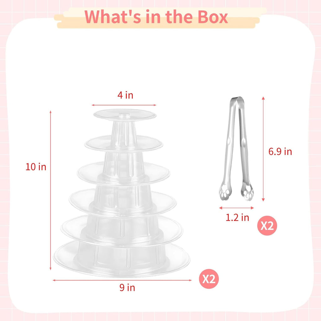 OMISTAR 2 PCS 6-Tier Clear Macaron Display Stands, Plastic Macaron Tray Tower with Stainless Steel Serving Tongs, Transparent Cupcake Dessert Stand for Weddings, Birthday Parties, Bakeries