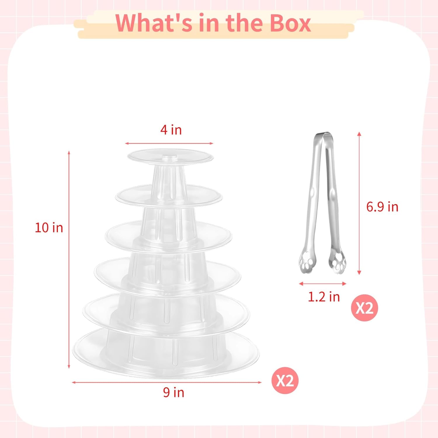 OMISTAR 2 PCS 6-Tier Clear Macaron Display Stands, Plastic Macaron Tray Tower with Stainless Steel Serving Tongs, Transparent Cupcake Dessert Stand for Weddings, Birthday Parties, Bakeries