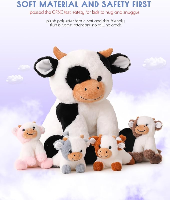 5 Pieces Cow Stuffed Animals for Boys Girls, 1 Mommy Cow with 4 Babies Soft Plush Toy Set Gifts for Kids Children 3 4 5 6 7 8 9 Years, Christmas, Birthday, Party Decorations-PawvioPets