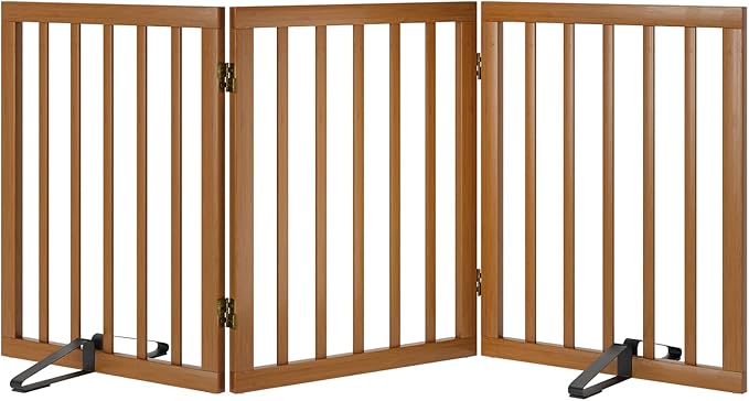 Freestanding Pet Gate Foldable Dog Gate (55 inches Wide) Walnut Bamboo Dog Gates for Stairs Doorways House (2 Support Feet Included)-PawvioPets