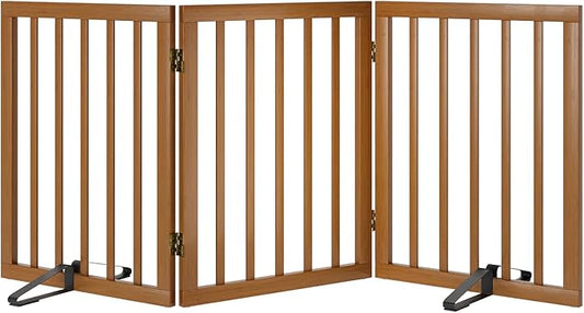 Freestanding Pet Gate Foldable Dog Gate (55 inches Wide) Walnut Bamboo Dog Gates for Stairs Doorways House (2 Support Feet Included)-PawvioPets