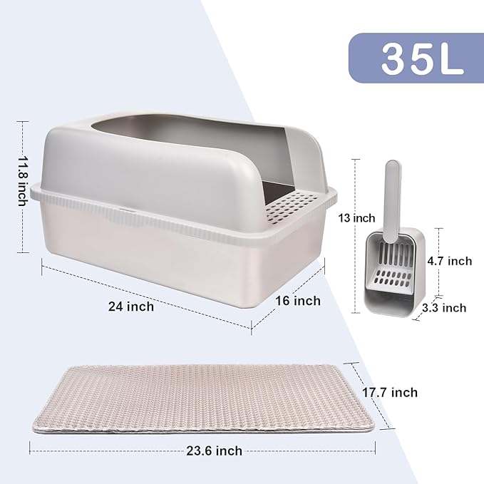 2 Pack Stainless Steel Cat Litter Box with Lid, 24" L x 16" W x 11.8" H, Extra Large Litter Box for Big Cats with High Sided, Anti-Urine Leakage, Easy Cleaning, Include Cat Mat and Scoop-PawvioPets