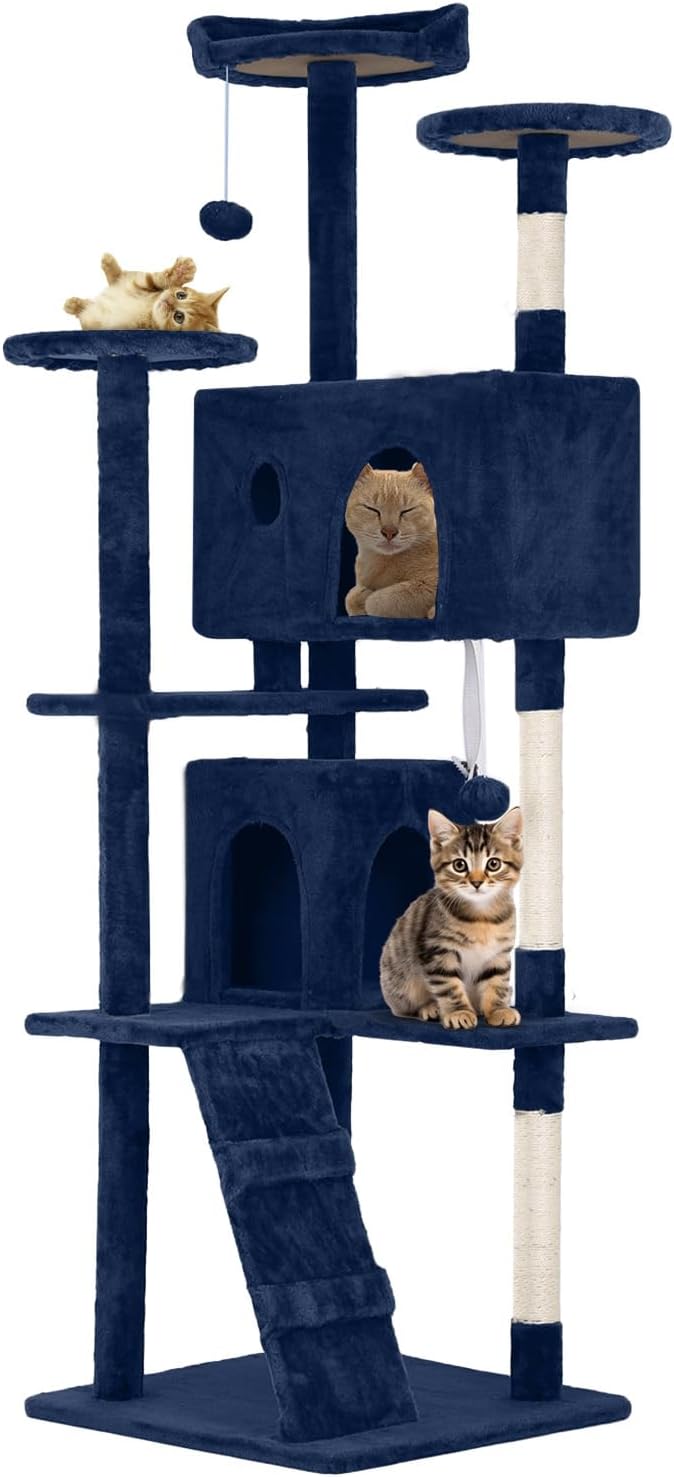 54.7 inches Cat Tower - Multi-Level Cat Condo with Scratching Posts, Hanging Toys, Navy Blue-PawvioPets