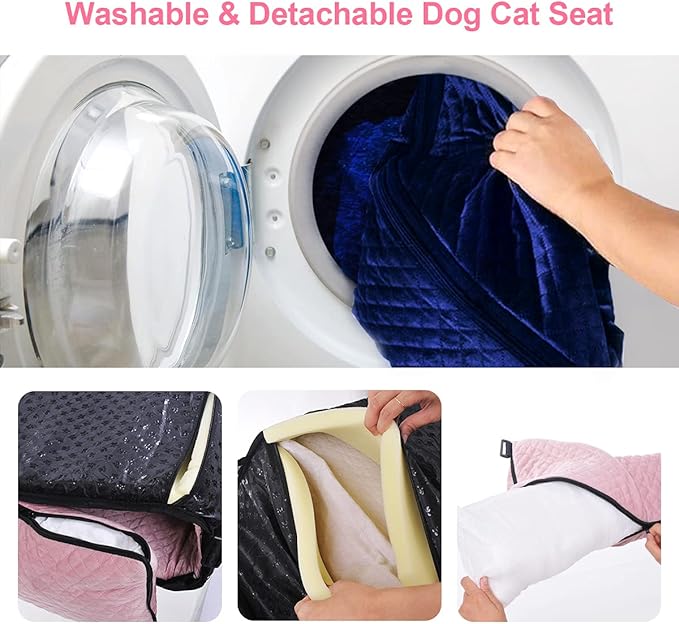 Dog Car Seat for Small Medium Dogs Up to 40lbs, Detachable Washable Soft Pet Booster Travel Bed for Front & Pink Seat with Safety Leash Belt-PawvioPets