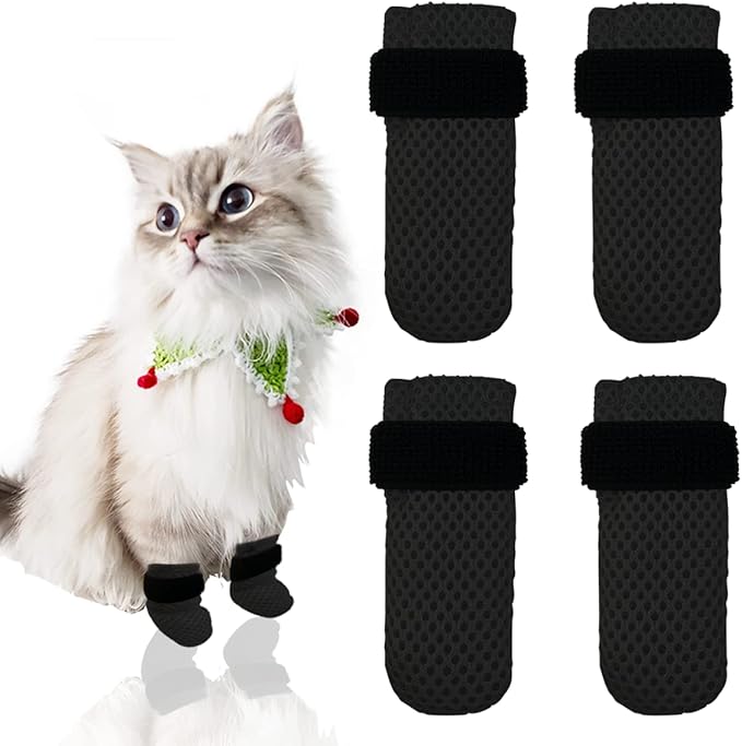 4 PCS Cat Mittens to Prevent Scratching,Mesh Breathable Cat Shoes,Adjustable Cats Anti Scratch Gloves,Suitable for Cats When Bathing and Nail Trimming(M,Black)-PawvioPets