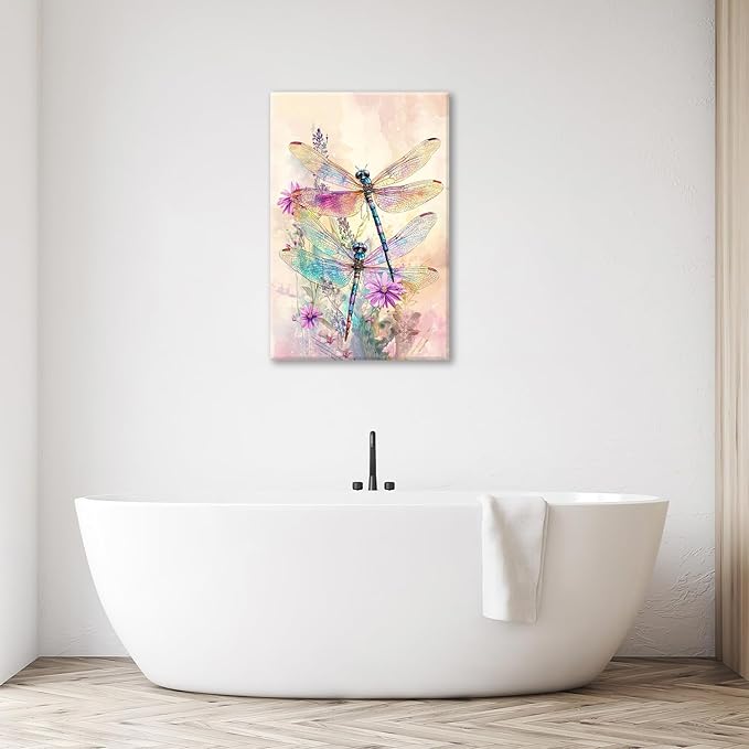 Dragonfly Bathroom Pictures Wall Art, Floral Bathroom Wall Decor, Framed Painting Canvas Artwork for Bedroom Living Room Decorations 24"L x 16"W-PawvioPets