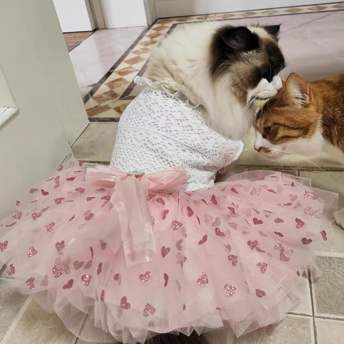 Dog Princess Dress with Heart Patterns & Bow Puppy Clothes for Small Dogs Girl Fancy Cat Birthday Outfit Pet Wedding Dresses (Pink White, Small)-PawvioPets