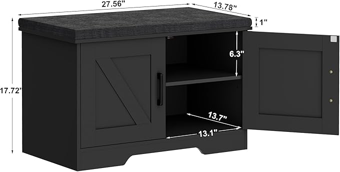 2-Tier Storage Bench, Shoe Bench with Padded Seat Cushion, Entryway Bench with 2 Barn Doors, Adjustable Shelf, 13.8" D x 27.6" W x 17.7" H, for Entryway, Living Room, Bedroom, Black-PawvioPets