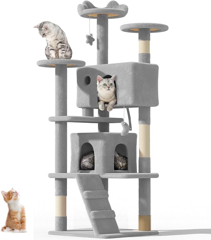 60'' Cat tree Tower for Indoor Cats Large Adult,Cute/Tall Modern Cat Tree for Big Cats 20 lbs,Plush Multi-Level Cat Condo with Scratching Posts,Dangling Ball for fun play(Light Gray, 60 inch)-PawvioPets