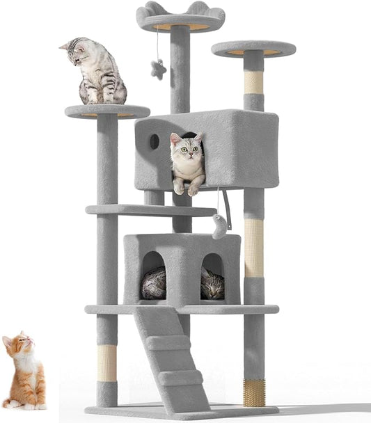 60'' Cat tree Tower for Indoor Cats Large Adult,Cute/Tall Modern Cat Tree for Big Cats 20 lbs,Plush Multi-Level Cat Condo with Scratching Posts,Dangling Ball for fun play(Light Gray, 60 inch)-PawvioPets