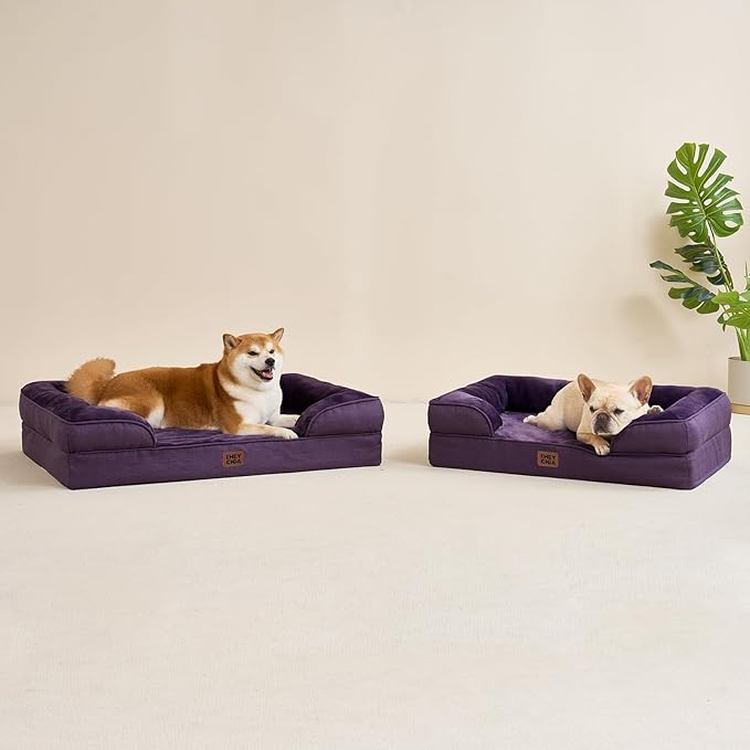 EHEYCIGA Orthopedic Dog Beds for Large Dogs, Waterproof Memory Foam Large Pet Bed with Sides, Non-Slip Bottom and Egg-Crate Foam Dog Couch Bed with Washable Removable Cover, Purple-PawvioPets