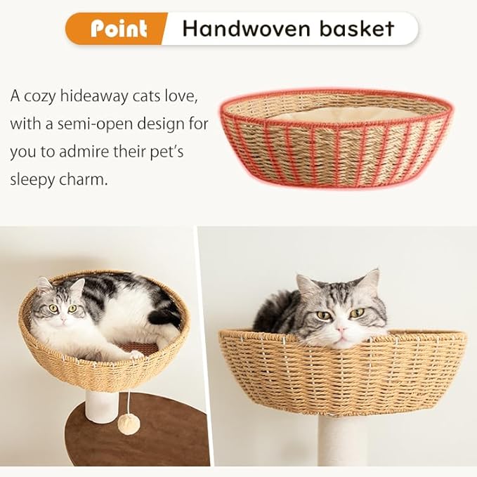 57'' Cat Tower for Large Cats, Manual Hand Woven Modern Multi-Level Condo with Natural Wood, Cat Activity Centre for Medium and Big Pets-PawvioPets