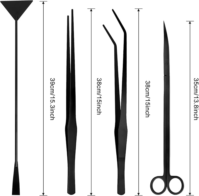 15Inch Extra Long Design Aquarium Aquascaping Tool Stainless Steel Aquascape Tools Kit 4 in 1 Anti-Rust Fish Tank Starter Kit with Long Tweezers Scissors Spatula for Aquarium Plants (Black)-PawvioPets