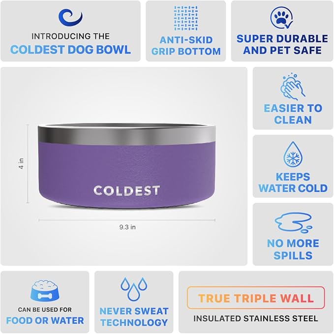 Coldest Dog Bowl - Anti Rust Metal, Non Slip, 3 Layers Insulated Stainless Steel Dog Bowls - Spill Proof & Heavy Duty - Water Bowl for Dogs, Cats & Pets, Dish Washer Safe (100 oz, Galaxy Purple)-PawvioPets