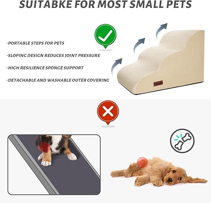 3-Step Dog Ramp and Stairs for Sofa and Chair - Non-Slip Sturdy Pet Steps for Small Dogs and Cats,15.7" H,Beige-PawvioPets
