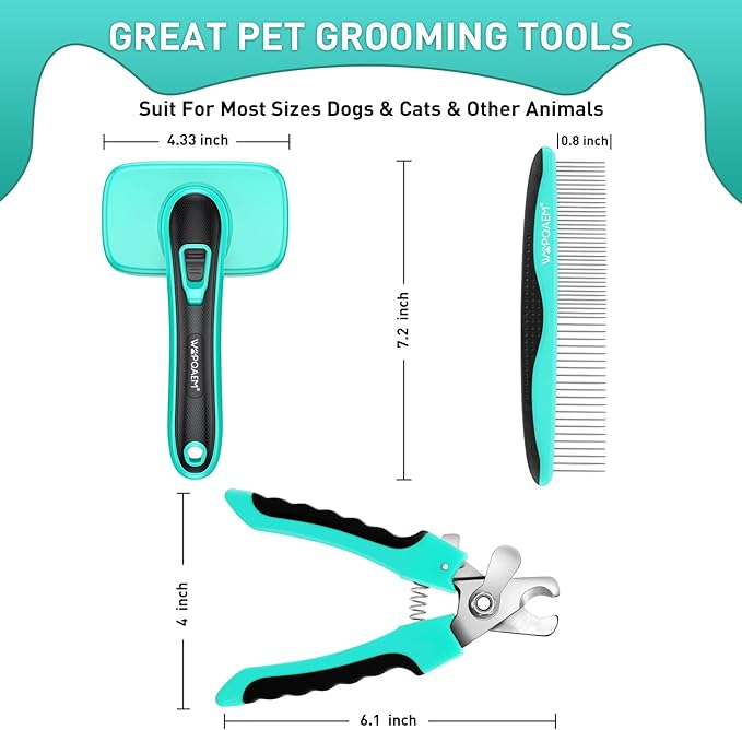 Dog Brush Kit for Grooming Short Long Haired Cats, 3 in 1 Dog Grooming Set for Small Animals, Puppy Self-Cleaning Slicker Brush for Shedding Medium & Large Dogs. Free Pet Comb + Nail Clippers-PawvioPets