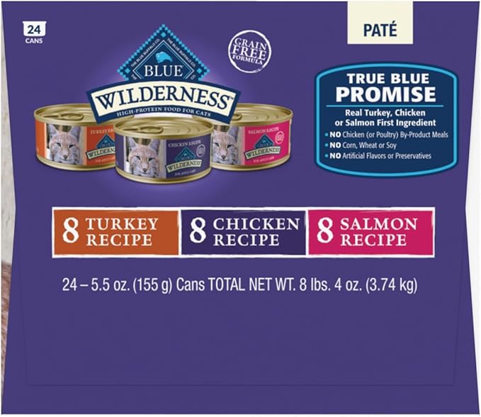 Blue Buffalo Wilderness High Protein, Natural Adult Pate Wet Cat Food Variety Pack, Chicken, Salmon, Turkey 5.5-oz can (24 count - 8 of Each Flavor)-PawvioPets