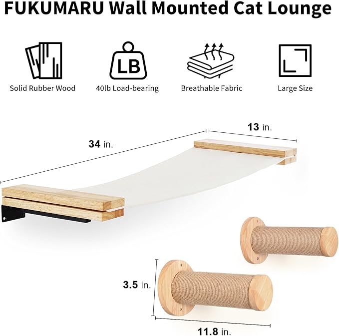 FUKUMARU Cat Wall Furniture, 2 PCS Climbing Shelves Set, Solid Rubber Wood Cat Shelf, Cats Perches for Wall Sleeping, Playing, Jumping and Lounging, 16 inch Drywall Installation-PawvioPets
