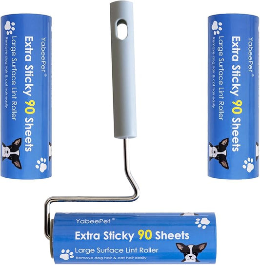 Extreme Sticky Large Surface Lint Roller, 6.3'' Giant Pet Hair Remover Roller for Pet Dog Cat Hair, Clothes&Furniture Cleaning, 90 Sheets (1 Roller + 2 Refills)-PawvioPets